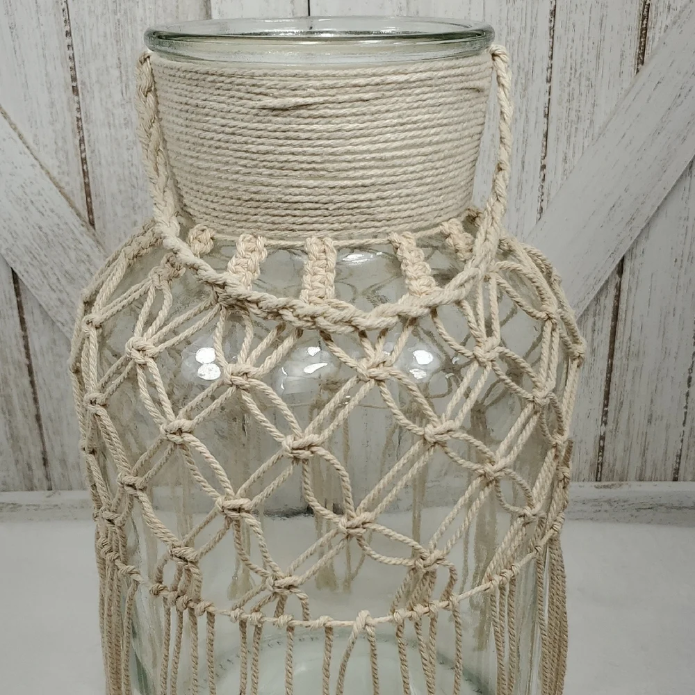 Large Glass Vase with Cream Macrame